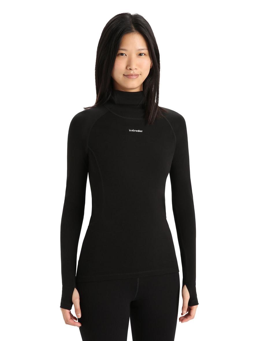 Black Women\'s Icebreaker MerinoFine™ Long Sleeve Roll Neck Base Layers | USA 1896XYUF